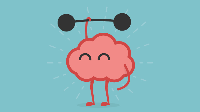 Brain caricature lifting weights