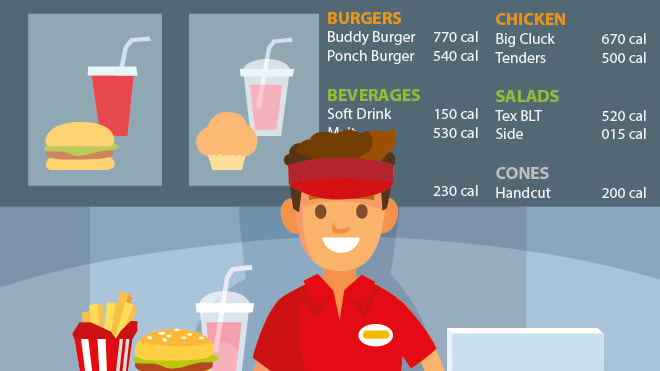 Fast food worker and menu with calories illustration