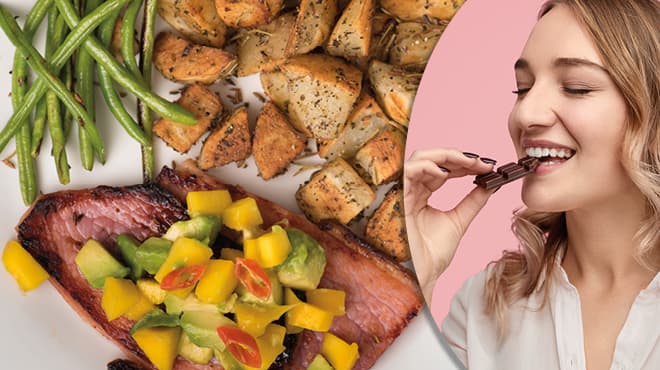 Girl eating chocolate and other food