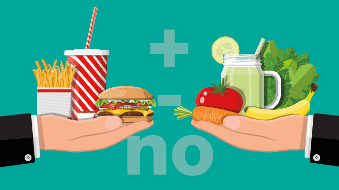 Illustration comparing fast food to healthy food