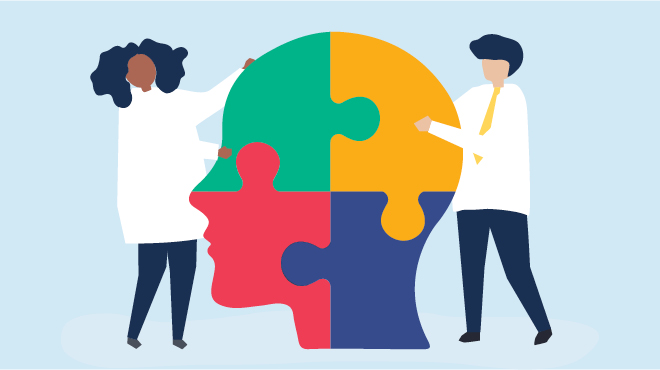 Two people holding up jigsaw puzzle head