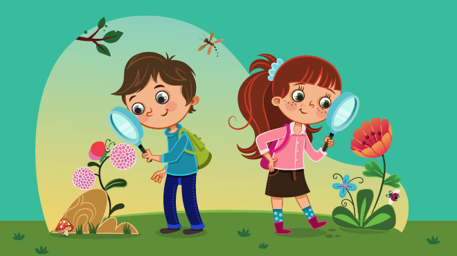 Boy and girl with magnifying glass illustration