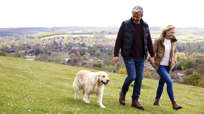 Couple walking dog on grassy hillside