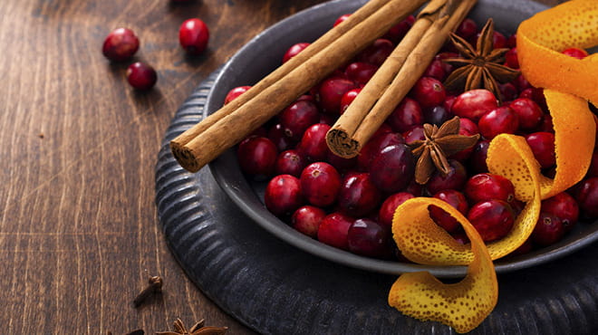 Bowl of cranberries with cinnamon sticks and orange peel