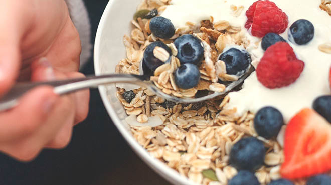 Bowl of oats with fruit and yogurt