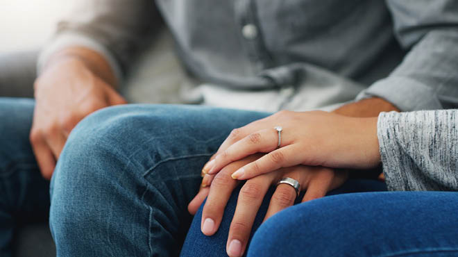 Close-up of hands with wedding rings