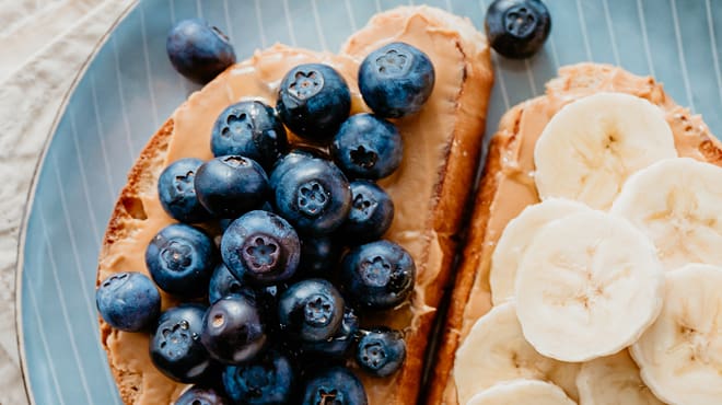 Toast with peanut butter and fruit